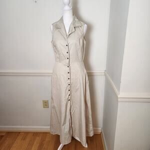 Vtg 90s Y2K Faded Glory Maxi Dress Sz 8 Womens Buttonup Beige Safari Cottagecore